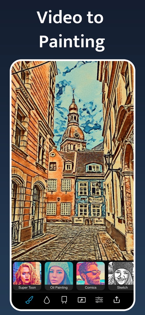 Instant Toon: Cartoon Art Cam - La aplicación extiende sus capacidades a la transformación de video, convirtiendo escenas cotidianas en obras de arte que simulan pinturas al óleo o acuarelas. Los edificios y el cielo adquieren texturas y colores expresivos.