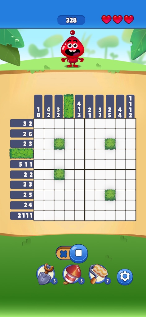 Nonogram Crossing Logic Puzzle - Los rompecabezas combinan bloques con texturas únicas, como los arbustos verdes (X), dentro de un diseño visual limpio (Y) que realza la experiencia de juego.