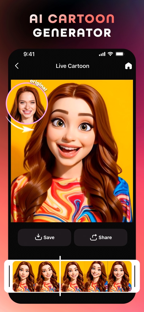 AI Maker: Photo Video Filters - See the app's powerful AI cartoon generator in action, showcasing stunning transformations from original photos and various "Live Cartoon" stylistic outputs.