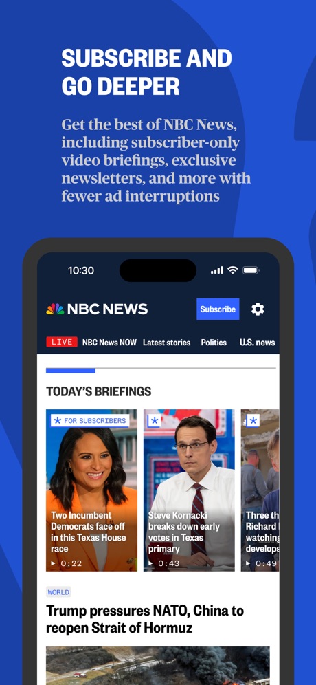 NBC News: Breaking & US News App Store screenshot 3, headline “SUBSCRIBE AND GO DEEPER”. Premium tone.