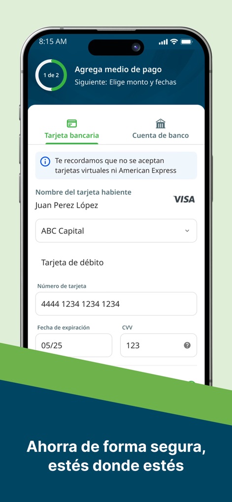 AforeMóvil - This section illustrates the process of adding a payment method, including fields for bank card details and a clear progress indicator for the multi-step transaction.