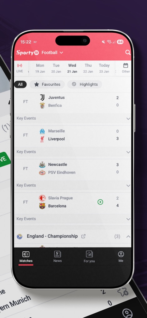 SportyTV: Live Sports Stream - This section provides detailed "Match Results" from completed games and allows users to track their "Favourites" teams for personalized updates.