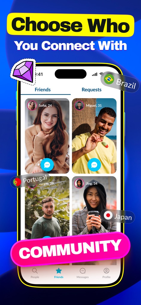 Olive - Make New Friends - Users can manage their social circle by navigating between 'Friends' and 'Requests' tabs, with country flags prominently displayed for global awareness.