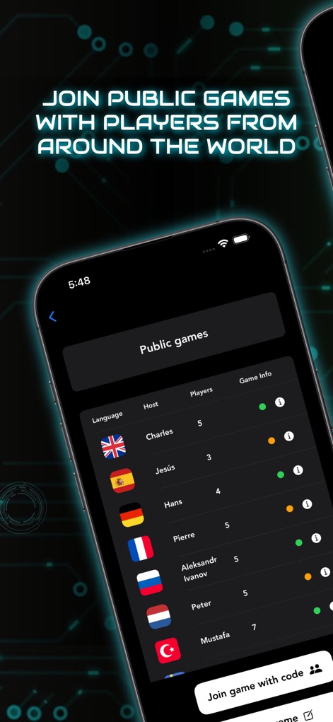 Imposter Party™ Word Game - Users can easily discover and join public games, with diverse hosts and languages displayed for international matchmaking.