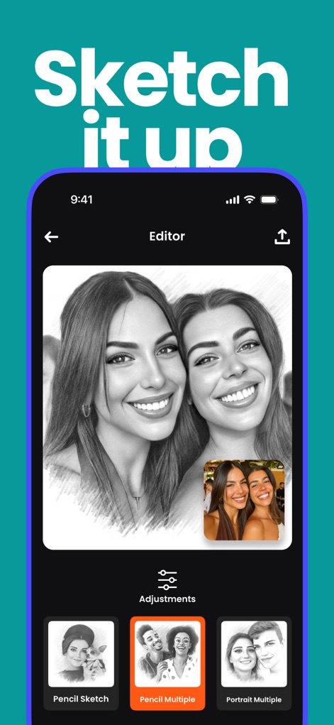 Voilà AI Artist Cartoon Filter - Experience the classic artistry of pencil rendering, with the app offering a "Sketch it up" feature and specialized "Pencil Multiple" options to create stunning hand-drawn effects.