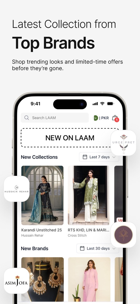 LAAM – Online Shopping App - Der Bereich 'Latest Collection from Top Brands' präsentiert neue Kollektionen wie 'Karandi Unstitched 25' von Hussain Rehar sowie neue Markenlogos wie 'ASIM JOFA', um Nutzern stets die aktuellsten Trends zu zeigen.