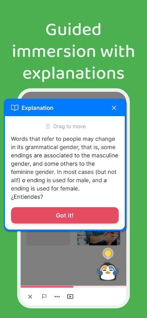 Speak Spanish: Palteca - Users benefit from "Guided immersion with explanations" through detailed pop-ups, like the one clarifying grammatical gender, enhancing their understanding during activities.