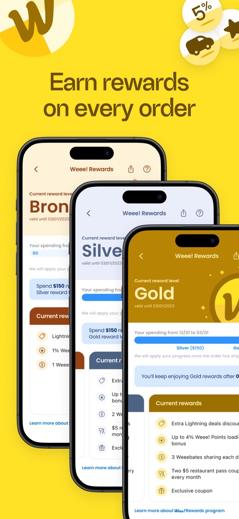 Weee! #1 Asian Grocery App - Understand the comprehensive 'Weee! Rewards' program, showcasing tiered benefits across Bronze, Silver, and Gold levels, alongside specific perks like '1% Weee! Points' earning potential.