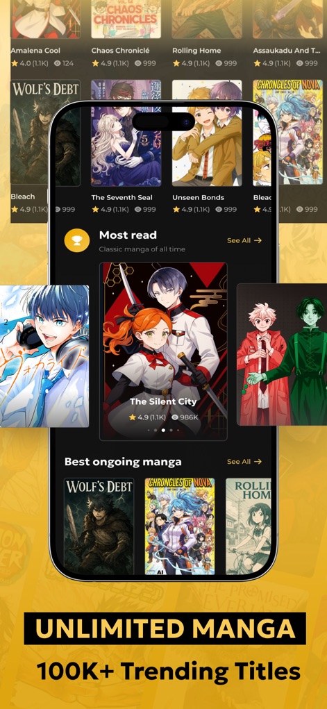 Manga Reader King - O aplicativo apresenta um vasto 'Unlimited Manga' com '100K+ Trending Titles', facilitando a descoberta de novas histórias nas seções 'Most read' e 'Best ongoing manga'.