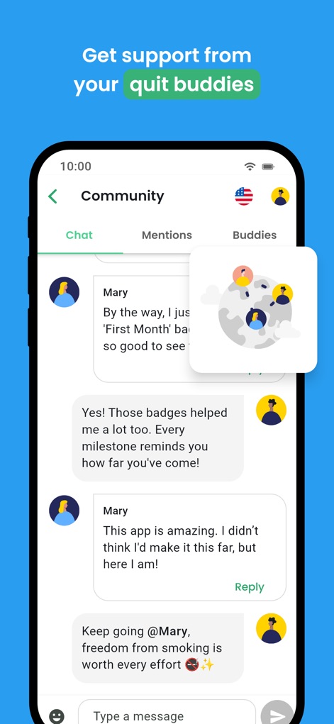 QuitNow! - A funcionalidade de chat da comunidade permite a interação e o suporte mútuo entre usuários, visível através das bolhas de diálogo e dos avatares de perfil que representam os membros.