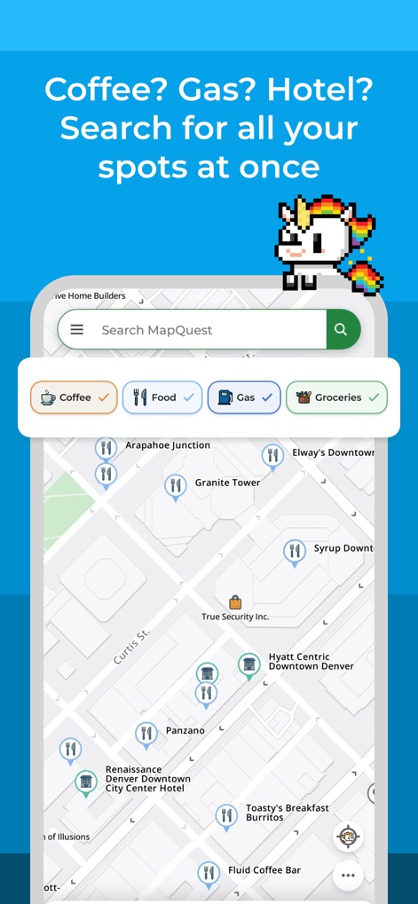 MapQuest GPS Navigation & Maps - Discover the convenient search bar with instant category filters like 'Coffee' and 'Food', showcasing how easily users can find nearby points of interest.