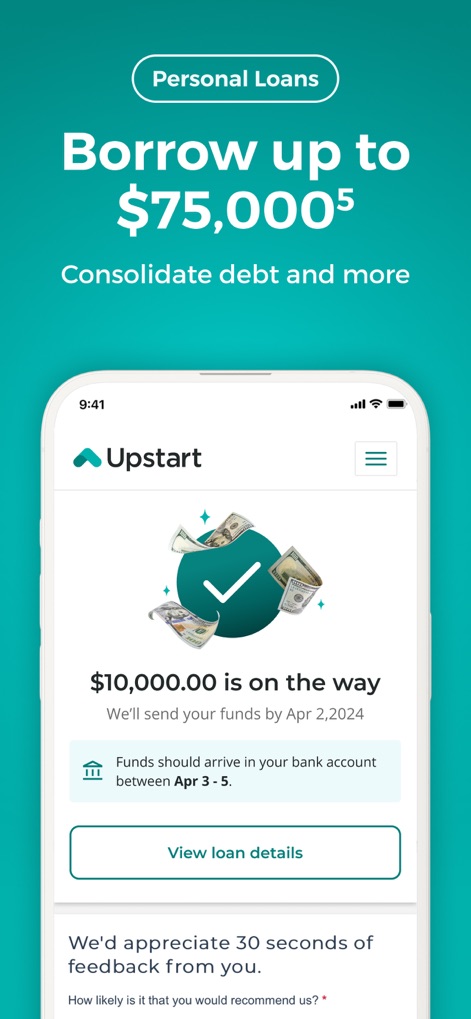 Upstart: Personal Loans + More - Die Anwendung informiert über die ausstehende Überweisung von "$10,000.00" und zeigt das geschätzte Ankunftsdatum der Gelder im Bankkonto des Nutzers an.