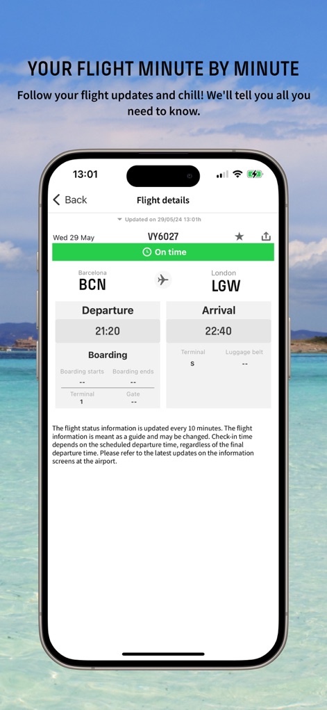Vueling Airlines-Cheap Flights - Les utilisateurs bénéficient d'un suivi de vol en temps réel, avec les informations clés sur les heures de départ et d'arrivée ainsi que le statut "À l'heure" clairement indiqué pour chaque vol.