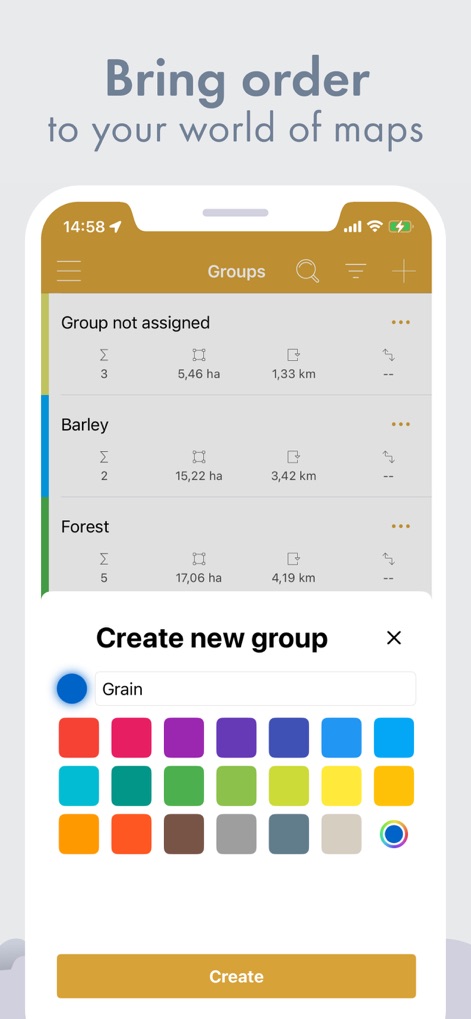 GPS Fields Area Measure Map - La aplicación permite a los profesionales categorizar y agrupar sus proyectos, como 'Barley' con 15,22 ha, y personalizar la identificación de cada grupo mediante una paleta de colores para una gestión clara.