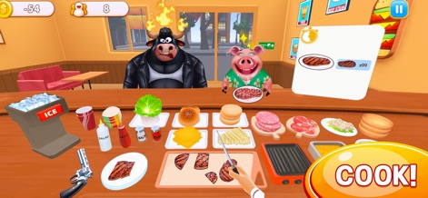 Cooking Clash - L'application permet une interaction directe avec la préparation des plats, montrant la main du chef coupant la viande et l'affichage des commandes client avec des icônes de plats, assurant une expérience immersive et détaillée.