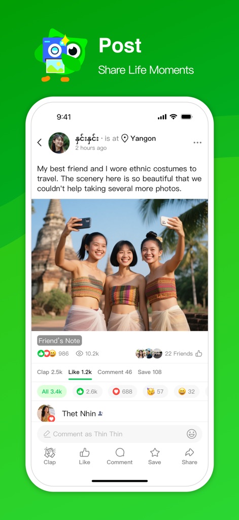 ZegoChat - The platform allows users to easily share life moments, evidenced by detailed user posts featuring multiple images and interactive engagement buttons like "Clap" and "Like".