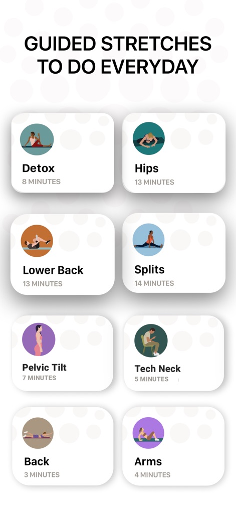 Bend: Stretching & Flexibility - Explore a curated library of guided stretches, featuring specialized routines such as 'Hips' and 'Tech Neck' with their estimated durations.