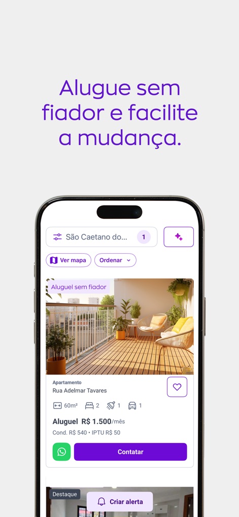 ZAP Imóveis | Compra e Aluguel - 이 앱은 보증인 없이 임대 가능한 부동산 목록을 명확히 표시하고, 월 임대료(R$ 1.500) 및 평수(60m²)와 같은 세부 정보를 보여줍니다.