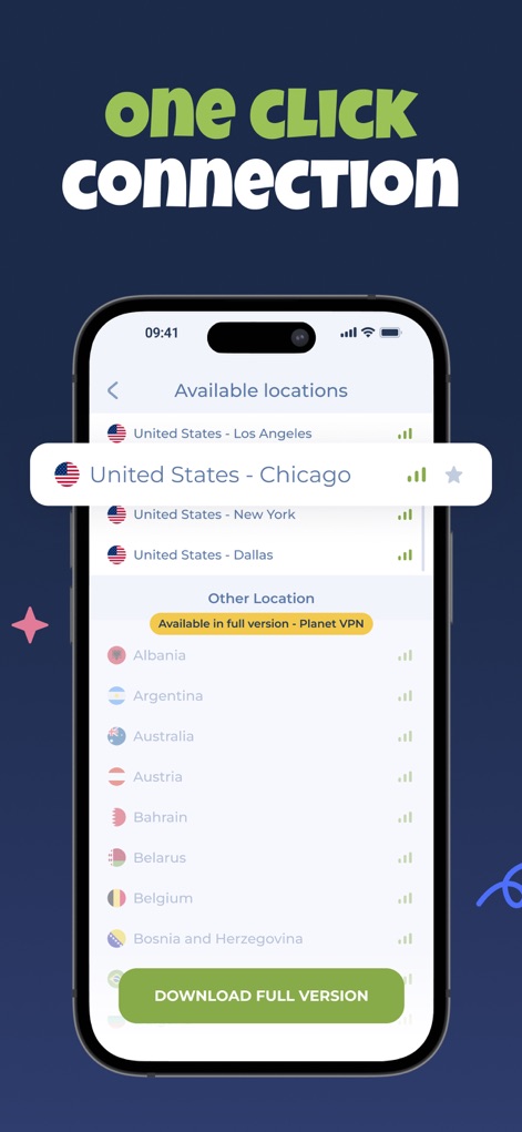 USA VPN - Private & Fast - Users can easily choose from various US cities like "United States - Chicago" and other global locations, showcasing the "one click connection" interface.