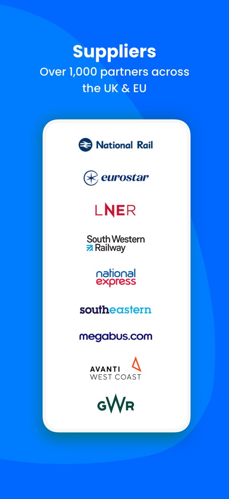 TrainPal: UK& EU train tickets - Die App präsentiert stolz ihr umfassendes Partnernetzwerk von über 1.000 Anbietern in ganz Großbritannien und Europa, erkennbar an den Logos renommierter Unternehmen wie Eurostar und National Rail.