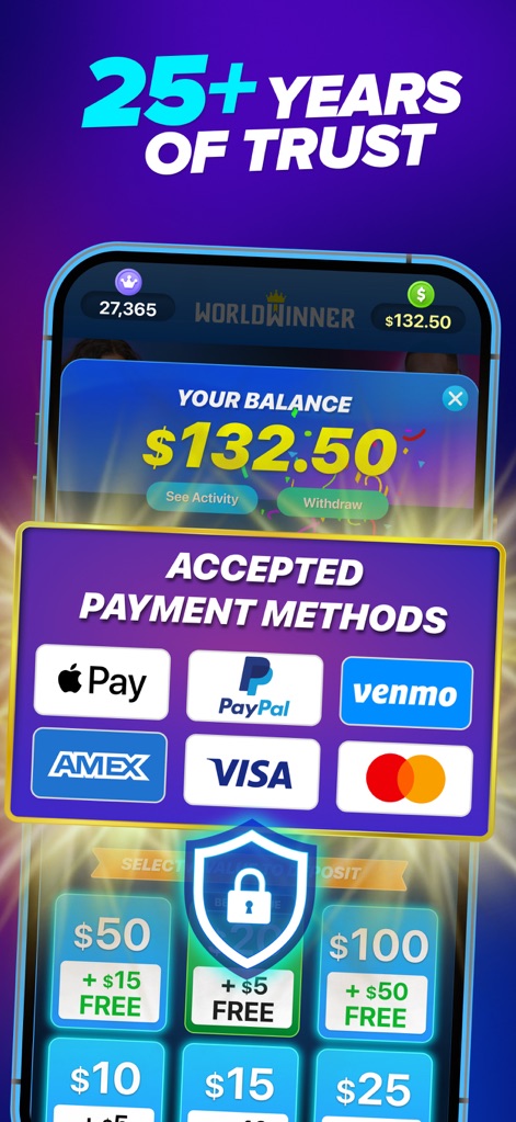 WorldWinner: Play for Cash - Monitor the user's current account balance and choose from a wide array of trusted 'Accepted Payment Methods' for hassle-free deposits.