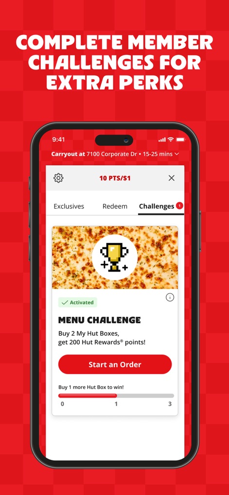 Pizza Hut - Delivery & Takeout - Users can engage with the loyalty program through the 'Challenges' tab, monitoring their progress on goals like the "Menu Challenge" with a visual tracker to earn extra points.