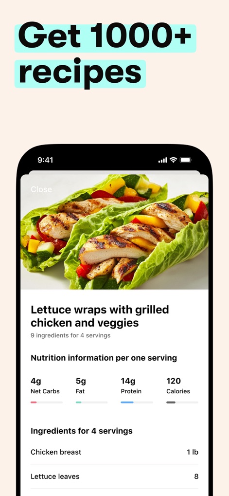 Formula － weight loss diet app - Explore the app's extensive recipe library, which provides detailed instructions for meals like 'Lettuce wraps with grilled chicken' and clear nutritional information per serving.