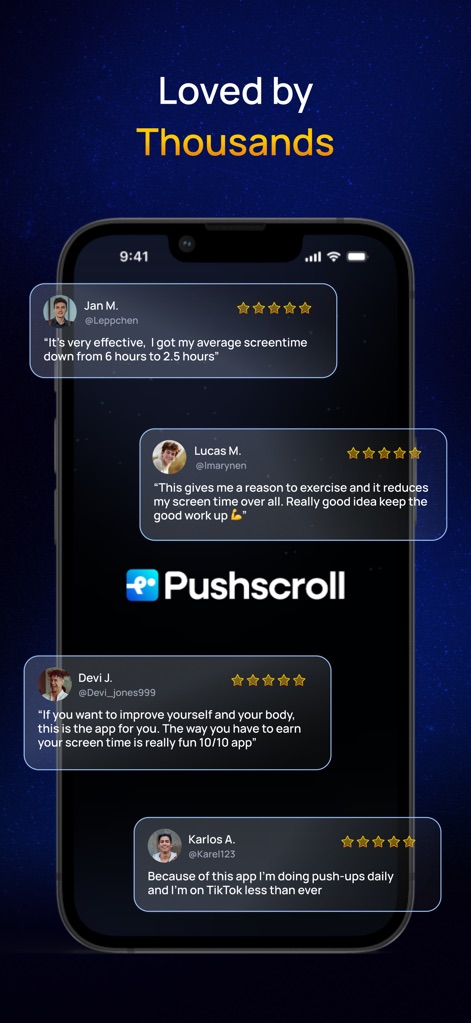 Pushscroll Screen Time Control - Read authentic user testimonials and star ratings, reflecting the widespread positive reception and effectiveness of the app.