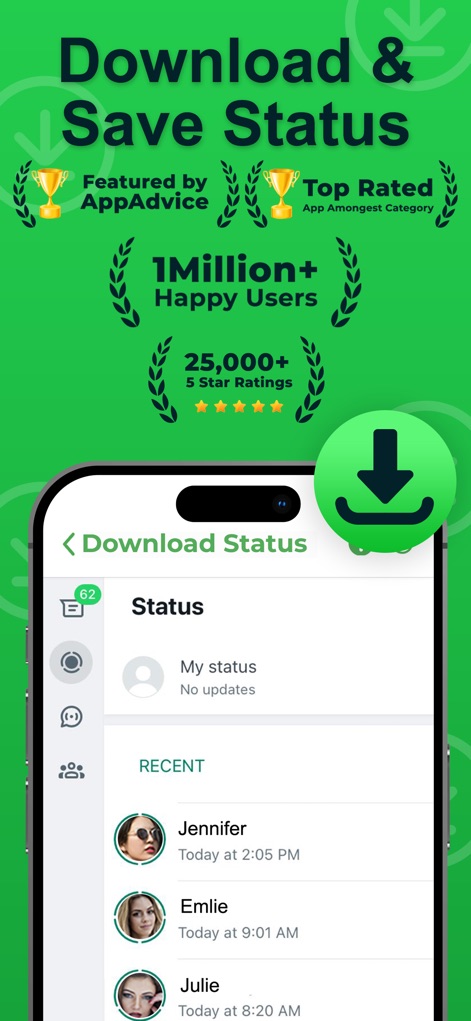Status Saver: Download Status - Discover the app's trusted reputation with over '1 Million+ Happy Users' and a clear interface displaying 'Recent' WhatsApp statuses for easy saving.