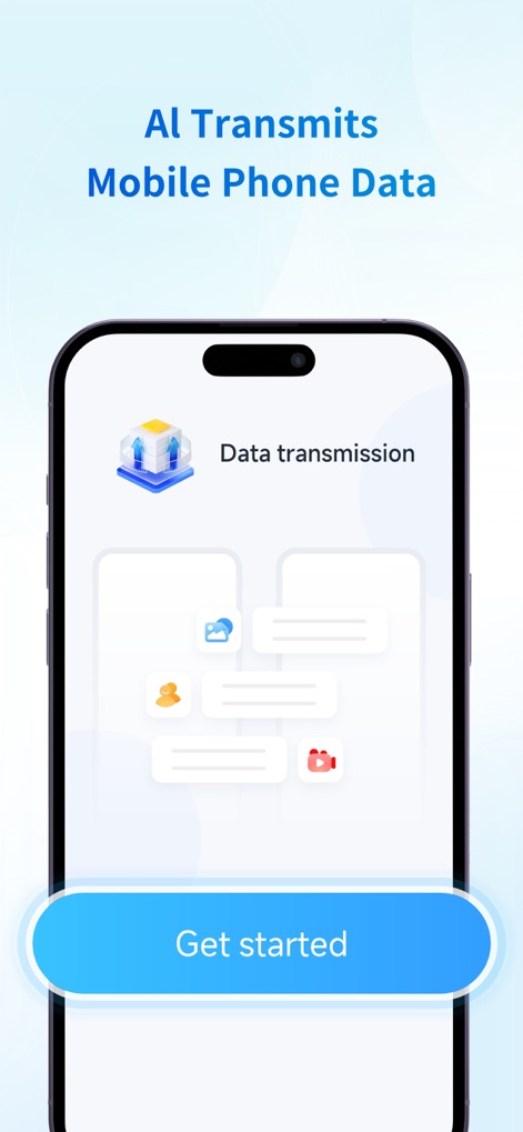 Smart Switch - Copy My Data - This tool initiates data transfers with "AI Transmits Mobile Phone Data" intelligence, guiding users to begin with a simple "Get started" button.