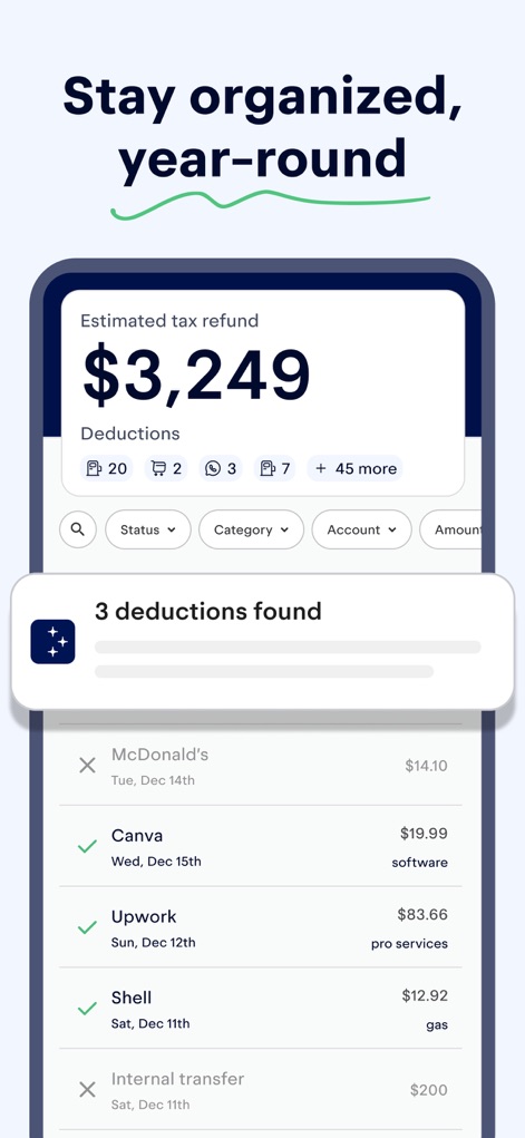 Keeper: Tax Filing & Expenses - The app helps users stay organized year-round by displaying a real-time estimated tax refund and categorizing individual expense transactions for easy tracking.