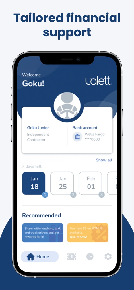 Ualett - El dashboard principal recibe al usuario con "Welcome Goku!" y muestra un resumen de su cuenta bancaria junto con fechas clave en una vista de calendario y ofertas recomendadas.