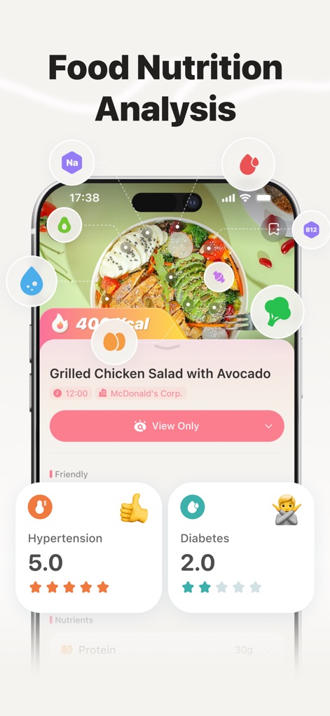 Health Scan: Heart & Sugar - This app provides instant nutritional analysis by recognizing food photos, detailing calorie counts and specific nutrient breakdowns alongside personalized health ratings for conditions like hypertension.