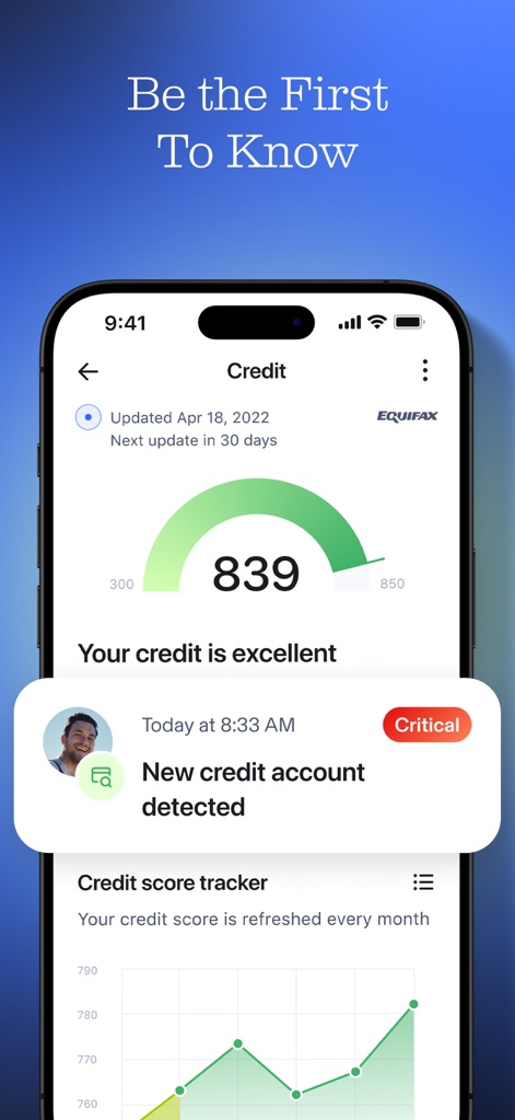 Aura: Security & Protection - Users can see the detailed credit monitoring interface, featuring an "excellent" credit score dial and immediate critical alerts for new account detections.