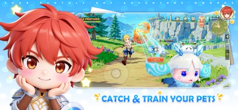 Magicmon: World - Diese Ansicht zeigt den detaillierten Chibi-Charakter im Vordergrund und demonstriert die intuitive Fangmechanik für Haustiere im Spiel.