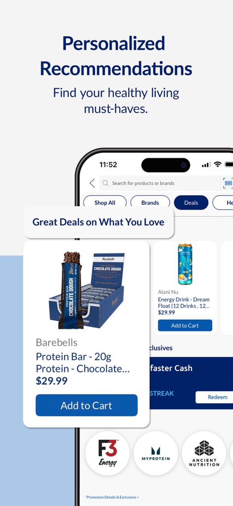 The Vitamin Shoppe - VShoppe - The app provides 'curated product suggestions' and allows filtering by 'Great Deals on What You Love' to find new favorites.