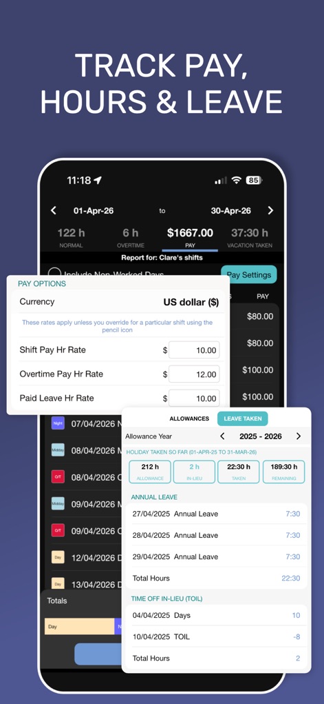 My Shift Planner - Calendar - 이 도구는 사용자의 'Total hours'와 'Estimated earnings'를 정확히 계산하여 보여주며, 'Leave Taken' 섹션에서 연차 휴가 및 TOIL 잔여량을 명확하게 관리할 수 있도록 돕습니다.