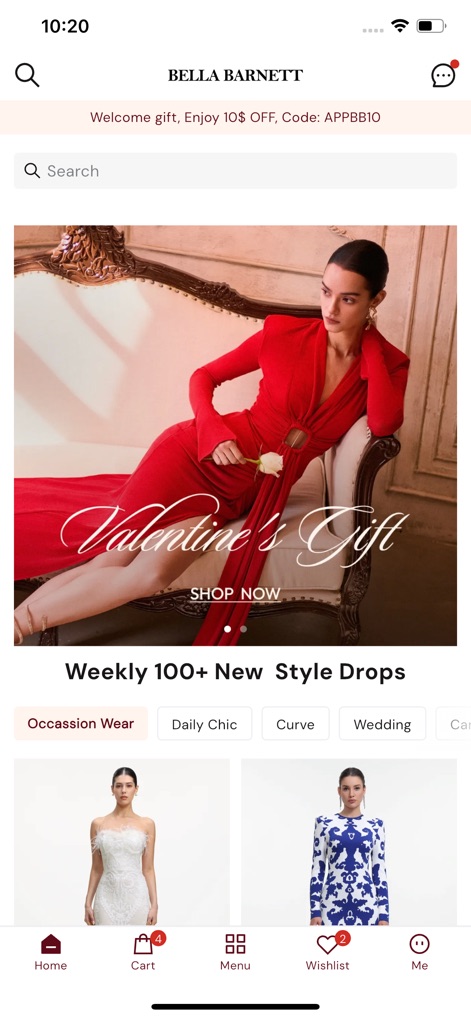 Bella Barnett - 이 홈 화면은 '발렌타인 선물' 테마의 메인 배너와 '데일리 시크' 및 '웨딩'과 같은 카테고리를 통해 최신 스타일 드롭을 사용자에게 제시합니다.