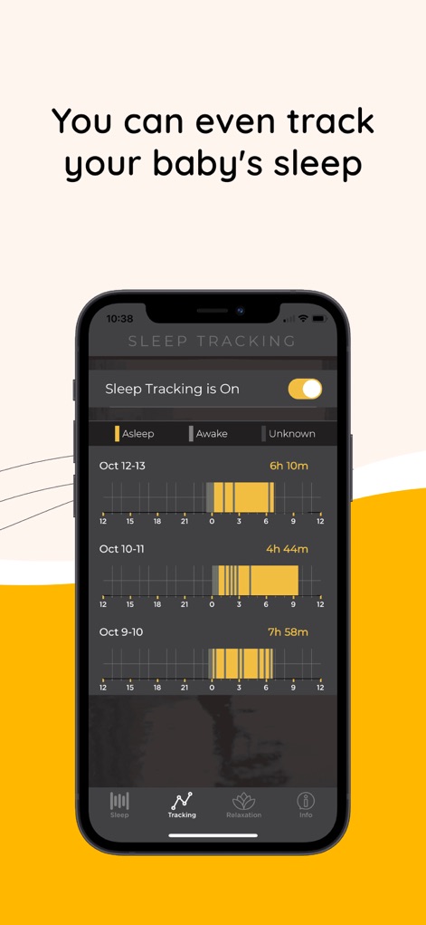 Sound Sleeper Baby White Noise - Der Screenshot zeigt die "Sleep Tracking"-Funktion mit einer detaillierten grafischen Darstellung von Schlaf- und Wachphasen sowie konkreten Schlafdauern, wie "6h 10m" oder "4h 44m".