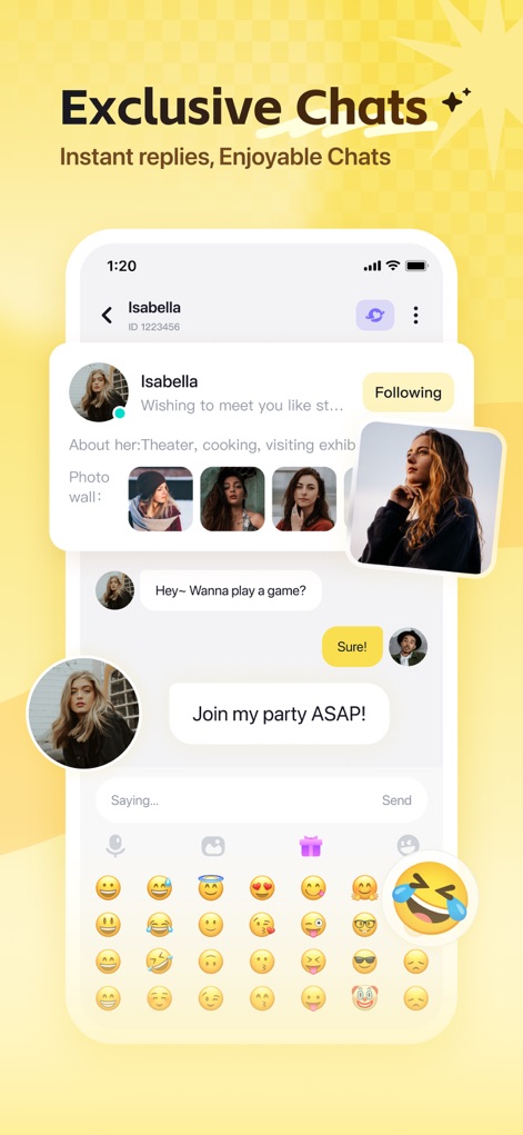 Wefun - Chat, Party and Game - 이 앱은 사용자 프로필에 '사진 월' 기능을 포함하여 상세한 정보를 제공하며, 이모티콘 키보드를 통해 풍부한 감정 표현이 가능한 다이렉트 메시징 인터페이스를 지원합니다.