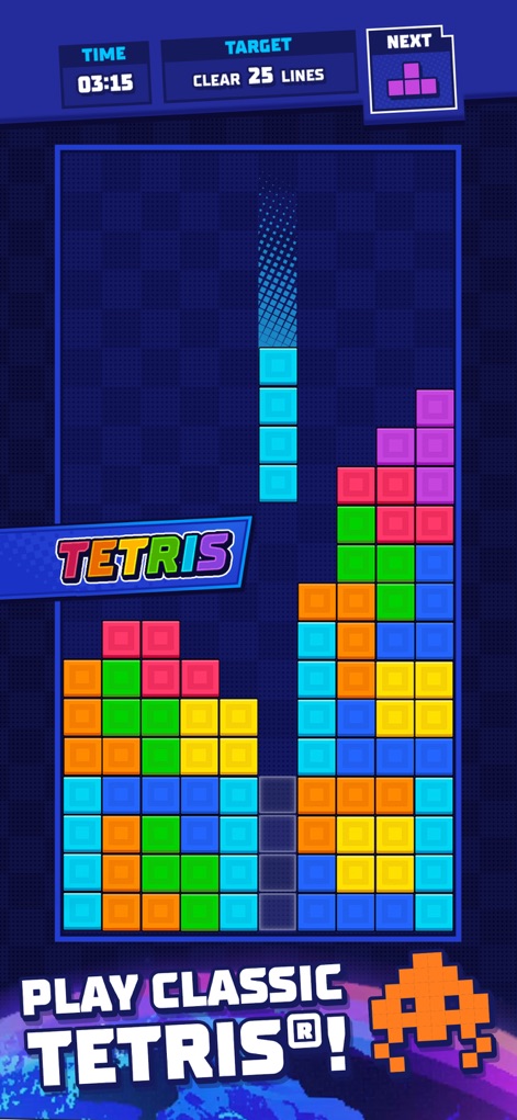 Tetris® - Experience the iconic colorful Tetriminos and the clear line target mechanism, coupled with a helpful "NEXT" piece preview for strategic play.