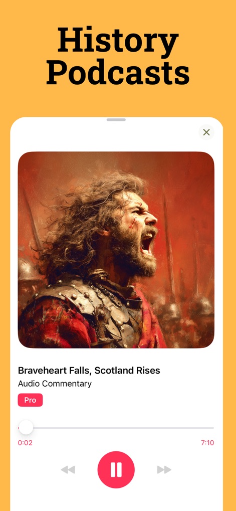 HistoryDays: Learn History - Users can delve into historical events with expertly curated audio commentary, utilizing intuitive play controls and a time scrubber for seamless listening.