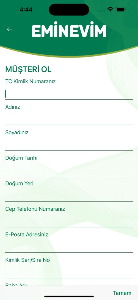 Eminevim Görüntülü Sözleşme - The app streamlines the account creation process by presenting a comprehensive form for entering personal details, including identity numbers and contact information, ensuring all necessary data is captured.