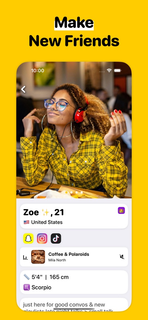 Monkey Run - Make New Friends - 사용자는 'Zoe'와 같은 프로필에서 '개인 바이오 및 관심사'를 확인하여 잠재적인 친구를 발견하고 소통할 수 있습니다.