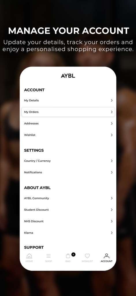 AYBL - Esta sección permite una gestión completa de la cuenta, donde los usuarios pueden actualizar "Mis Pedidos" y ajustar "Notificaciones" para personalizar su experiencia.