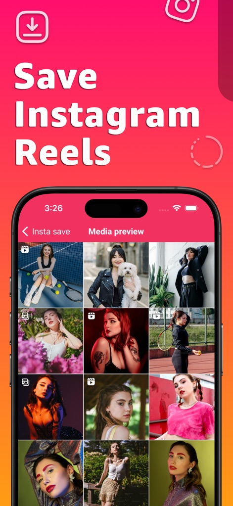 Instant Save: Reel Story Video - Esta herramienta permite la gestión visual de los Reels guardados, evidenciada por una galería de imágenes en cuadrícula y la indicación directa de la función para guardar Reels.