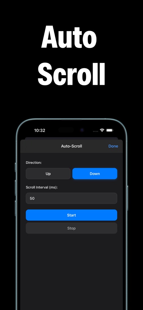 Auto Click - Auto Clicker app - A função de Rolagem Automática é demonstrada, onde os usuários podem facilmente definir a direção (para cima ou para baixo) e o intervalo de rolagem em milissegundos para uma leitura fluida.