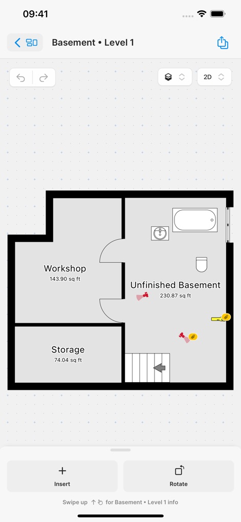 magicplan - The app offers precise floor plan editing capabilities, showcasing detailed room measurements and labels, complemented by intuitive tools for inserting new elements and rotating the layout.