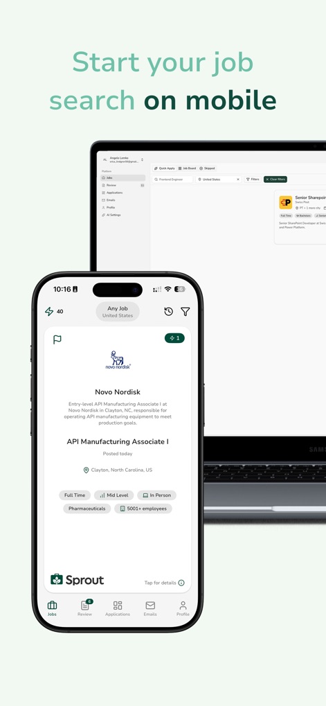 Sprout - AI Job Search - The app offers a streamlined mobile-first experience, presenting job details and interactions optimized for handheld devices.