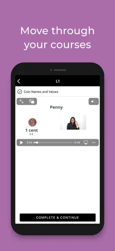 Modal Math published mobile screenshot: coin lesson with sign-language video